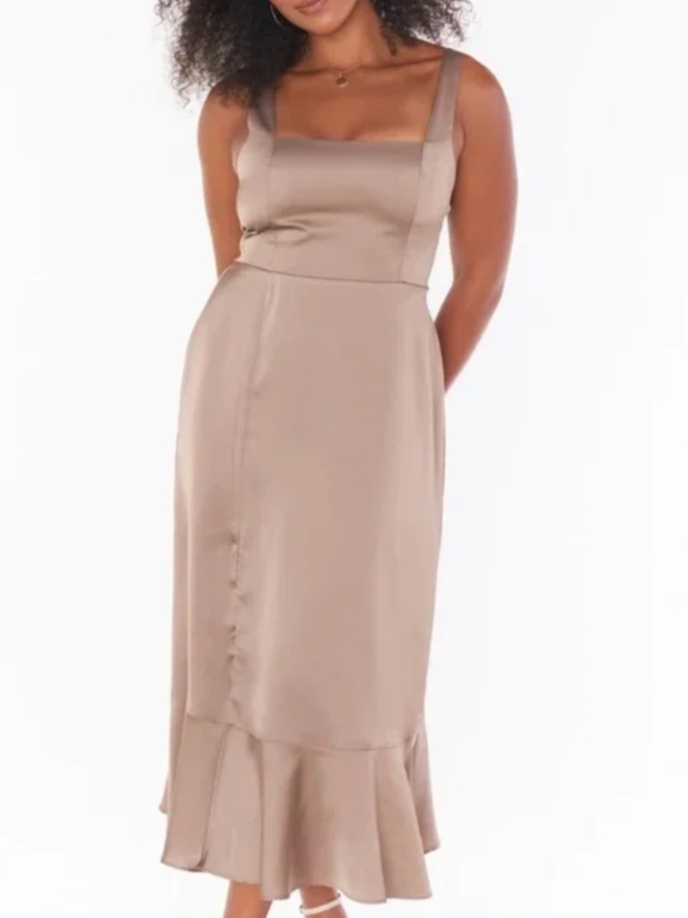 Show Me Your MuMu Taupe Satin Square-Neck Midi Dress